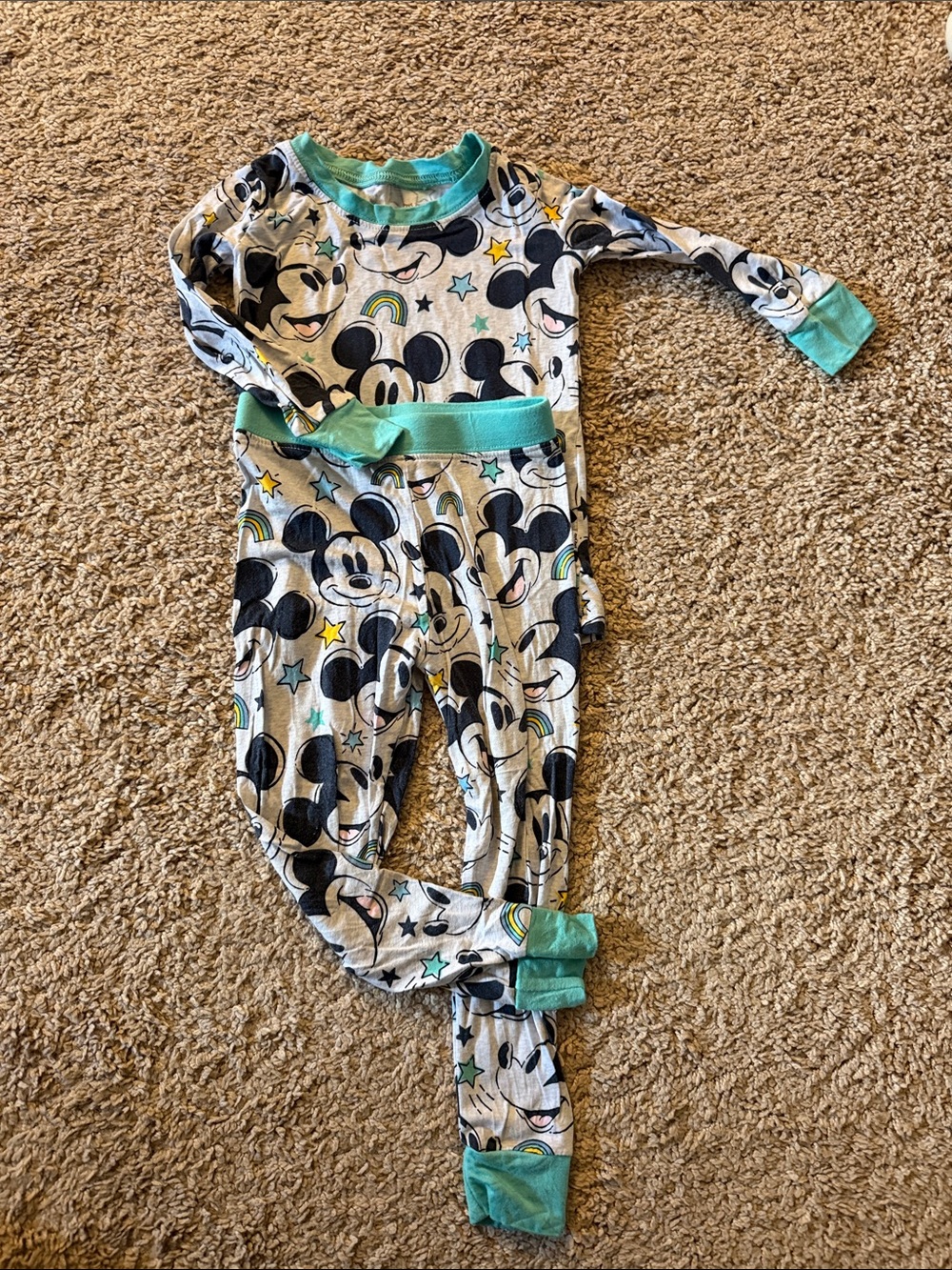 Little sleepies Disney Cream Mickey Print One-Piece Footie with Teal Trim
